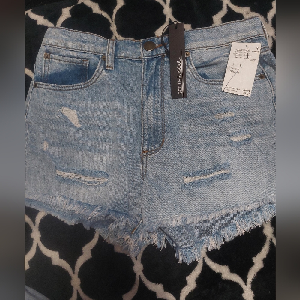 NWT See thru soul Distressed Boyfriend Denim‎ Shorts - Light Blue Size 26